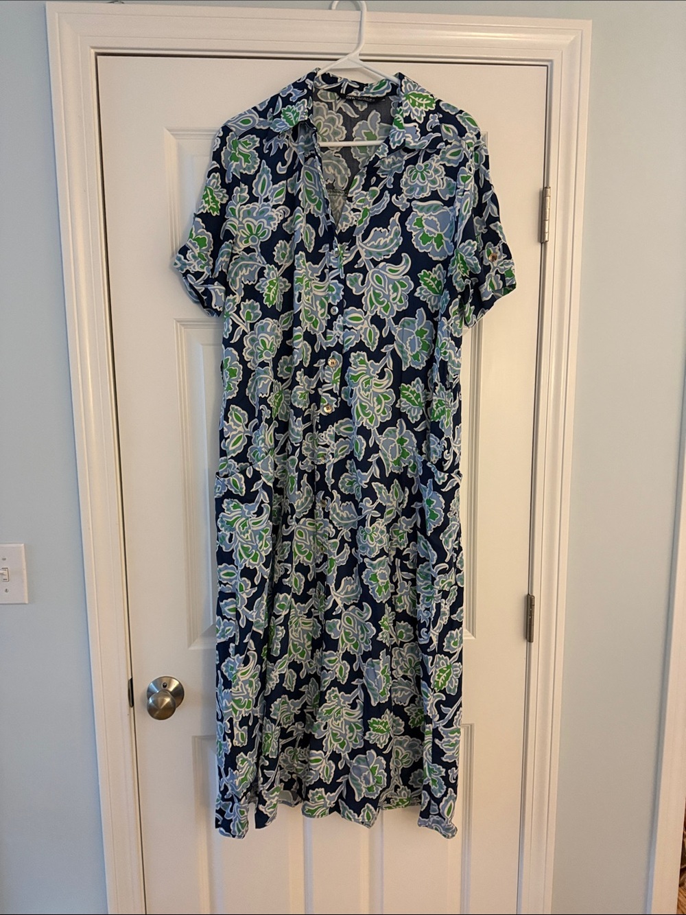 Zara Navy Floral Midi Dress with Green & White Accents